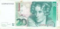 (1993) Банкнота Германия (ФРГ) 1993 год 20 марок "Аннетте фон Дросте-Хюльсхофф"   VF